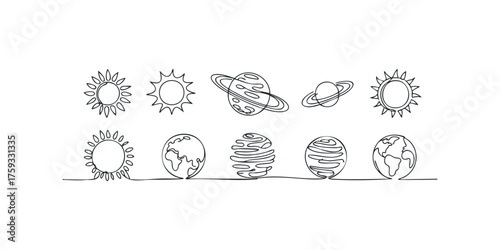 Continuous line drawing of celestial bodies including suns and planets