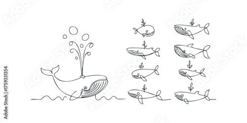 Collection of minimal whale line drawings with water spout