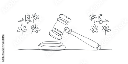 Single Line Drawing of Gavel and Floral Elements