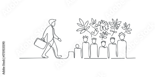 Man with briefcase walks up stairs past diverse group