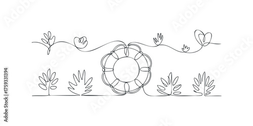 Minimalist line drawing of a lifebuoy surrounded by organic floral shapes