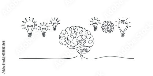 Single line drawing of a brain and light bulbs representing ideas