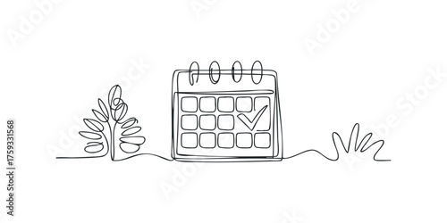 Single line drawing of a calendar with a checked day