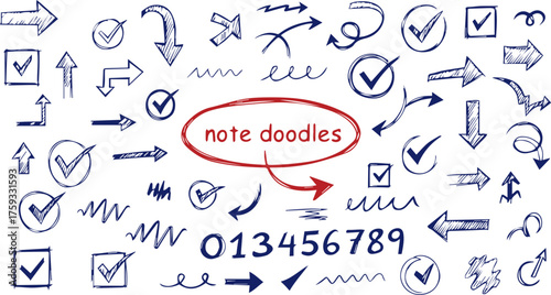 Collection of hand drawn doodles including arrows checkmarks numbers and scribbles on a white background