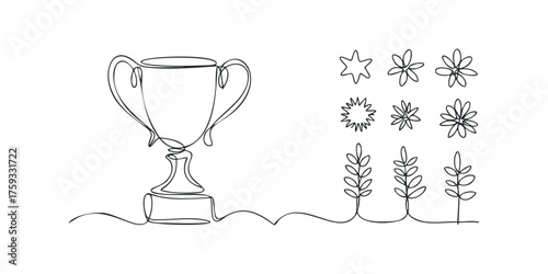 Simple line drawing of a trophy with surrounding floral elements