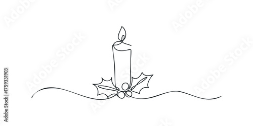 Minimalist Candle with Holly Berries Line Art