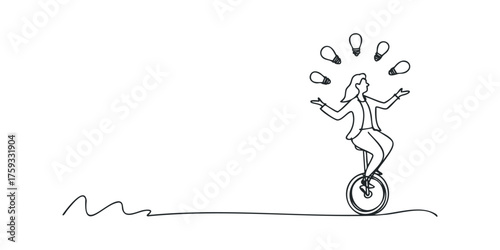 Woman juggling ideas while riding a unicycle
