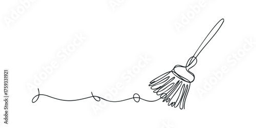 Single line drawing of broom sweeping dust marks