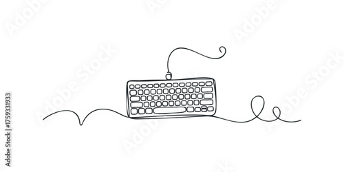 Minimalist single line drawing of a computer keyboard with a cord