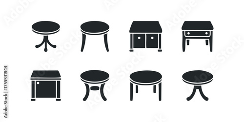 Collection of black furniture icons including tables and cabinets