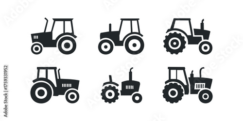 Six stylized tractor icons in black silhouette