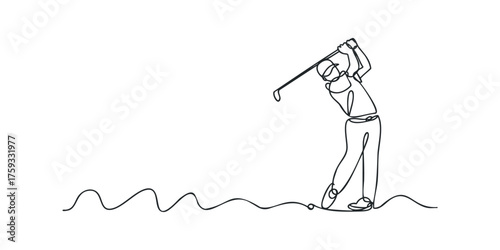 Golfer swinging club in minimalist continuous line style