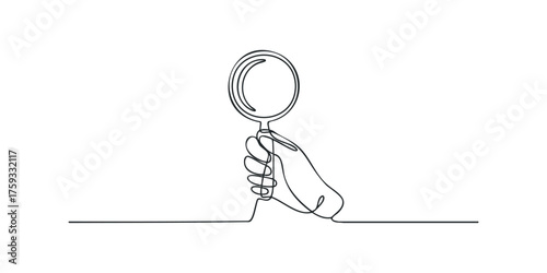 Continuous line drawing of a hand holding a magnifying glass