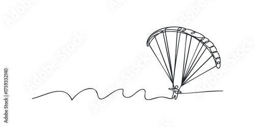 Single line drawing of a kitesurfer on wavy water