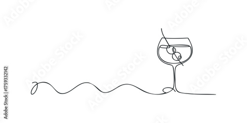 Minimalist continuous line drawing of a wine glass with olives
