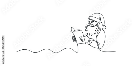 One Line Drawing of Santa Claus Reading Book