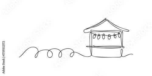 Single line drawing of a market stall with lights