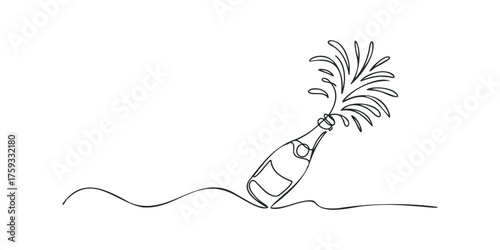 Continuous line drawing of sparkling wine bottle opening with spray