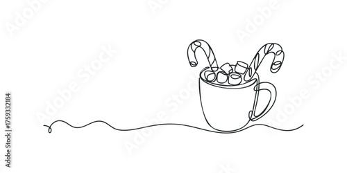 Line drawing of cup filled with marshmallows and candy canes