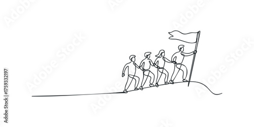 Group of people climbing hill with flag at summit