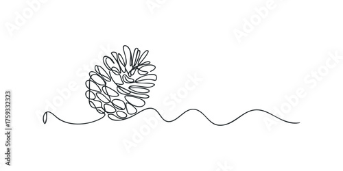 Continuous line drawing of a pinecone on a wavy line