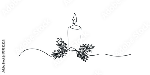 Minimalist Single Line Drawing of a Lit Candle with Pine Needles