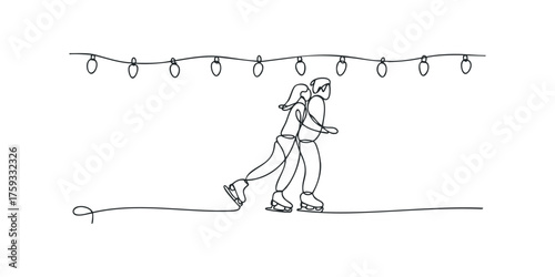 Couple ice skating together under festive lights