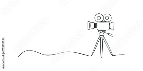 Continuous line drawing of a vintage movie camera on tripod