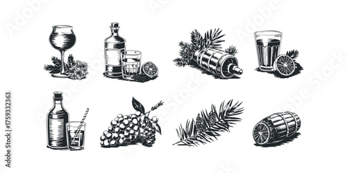 Assortment of alcoholic beverages, fruits, and foliage