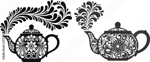 Black ornate teapots with swirling steam and floral patterns white