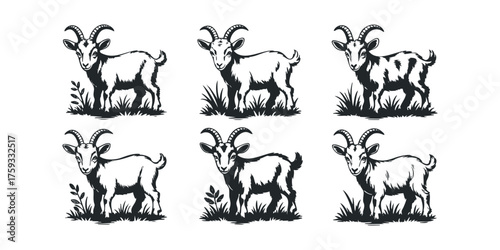 Six Black and White Stylized Goat Illustrations on White