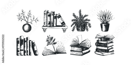 Collection of Hand Drawn Books and Potted Plants