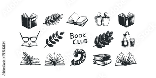 Collection of hand-drawn open and closed books with plant sprigs