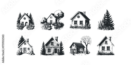 Collection of ink drawing houses with trees and foliage