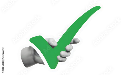 A hand holding a green check mark with a white outline around it on transparent background