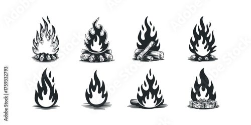 Collection of stylized campfire and flame icons