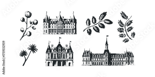 Sketch Collection of Historic French Chateaux and Botanical Elements