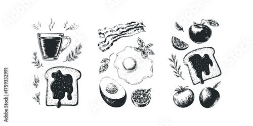 Breakfast food items collection with toast and coffee