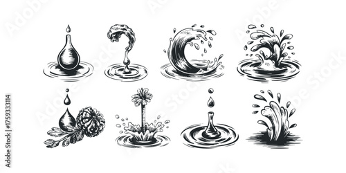 Collection of dynamic ink splashes and water drops