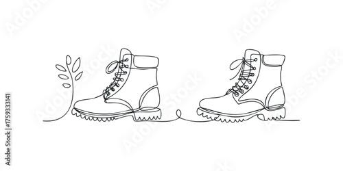 Line drawing of hiking boots with leaves