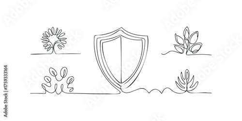 Line art shield with surrounding organic plant motifs