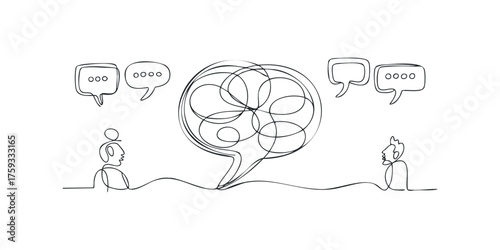 Two people conversing with overlapping thought bubbles and ellipses