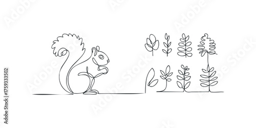 Squirrel holding food and stylized foliage drawn with single line