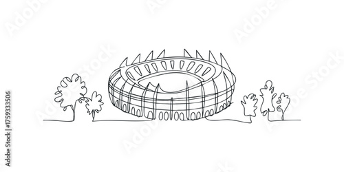 Stadium Exterior with Stylized Trees in Continuous Line
