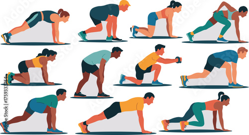 Diverse Group Performing Dynamic Stretching and Core Strengthening Exercises Illustration on White Background