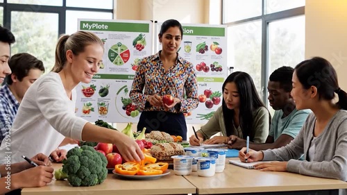 Nutrition Class: Students Learn About Healthy Eating with Teacher and Fresh Produce