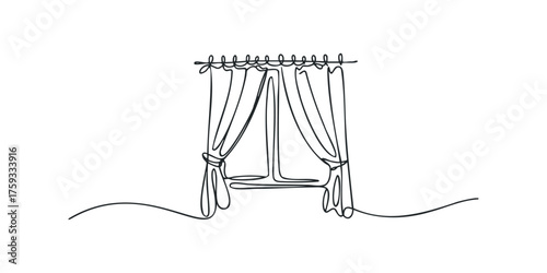 Continuous line drawing of window with draped curtains