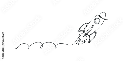 Simple rocket ship with trailing smoke against white background