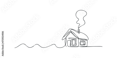 Single line drawing of a house with smoke