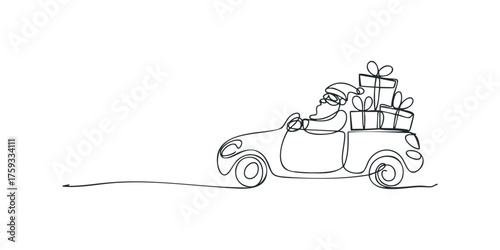 Santa Claus driving car with gift boxes